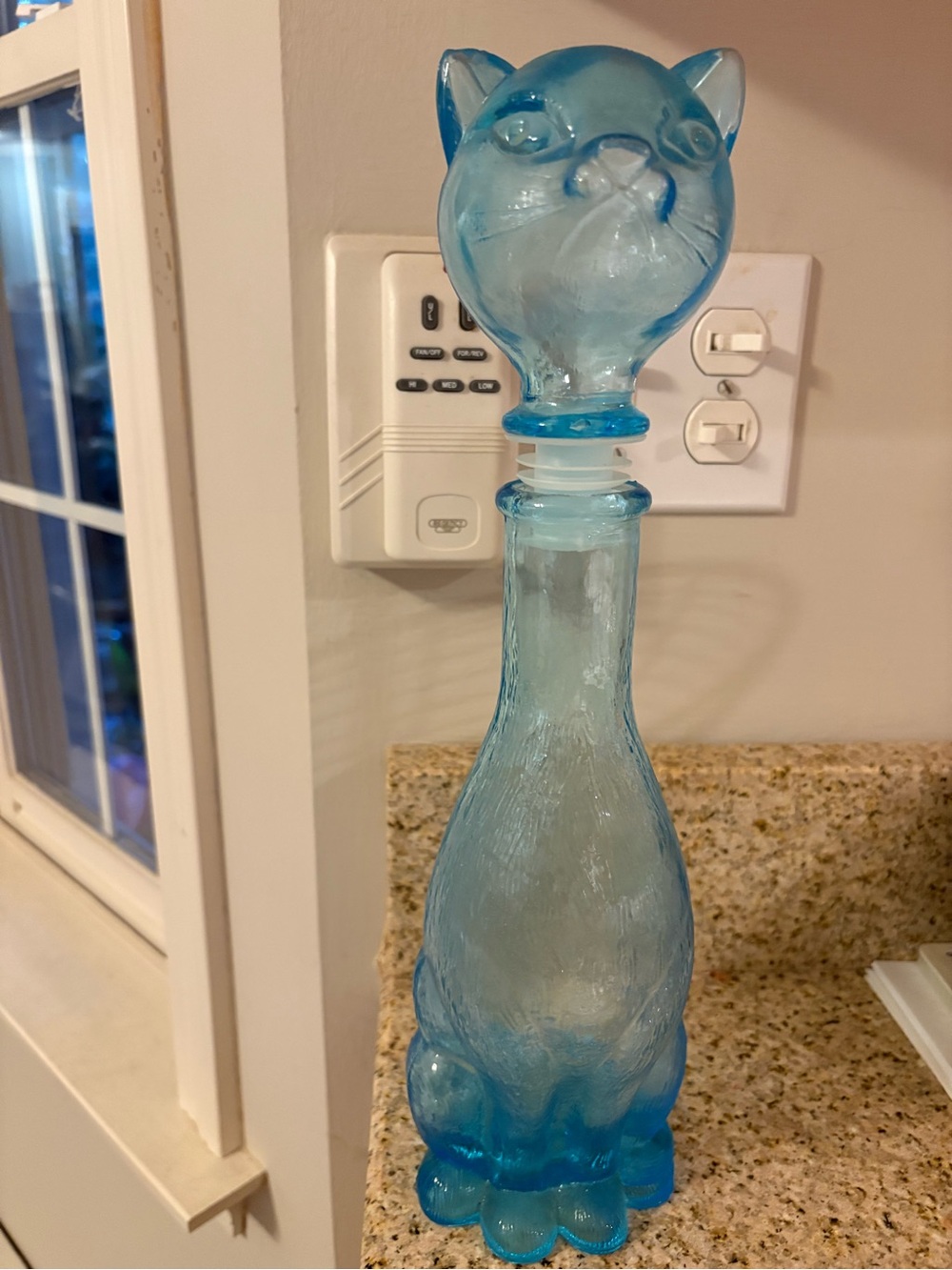 AS IS Vintage Blue Glass Cat Decanter  Mid Century Collectible